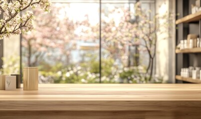 Fototapeta premium Wooden table with blurred spring blossom background.