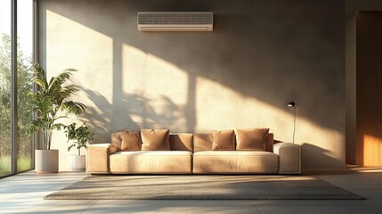 Modern living room with beige sofa, air conditioner, and plants. Ideal for home decor, interior design, and comfort concepts.