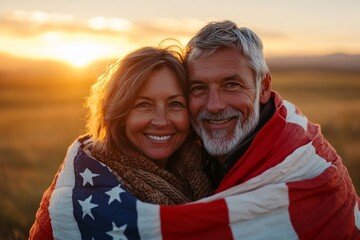 Happy senior couple wrapped in a flag at sunset.
