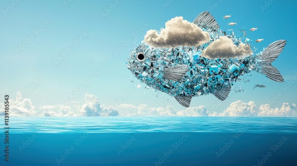 Poster clouds forming a fish outline above the horizon captured over the ocean digital art serene environme