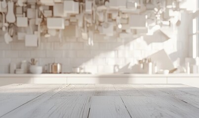 White wooden table in front of blurred modern kitchen.