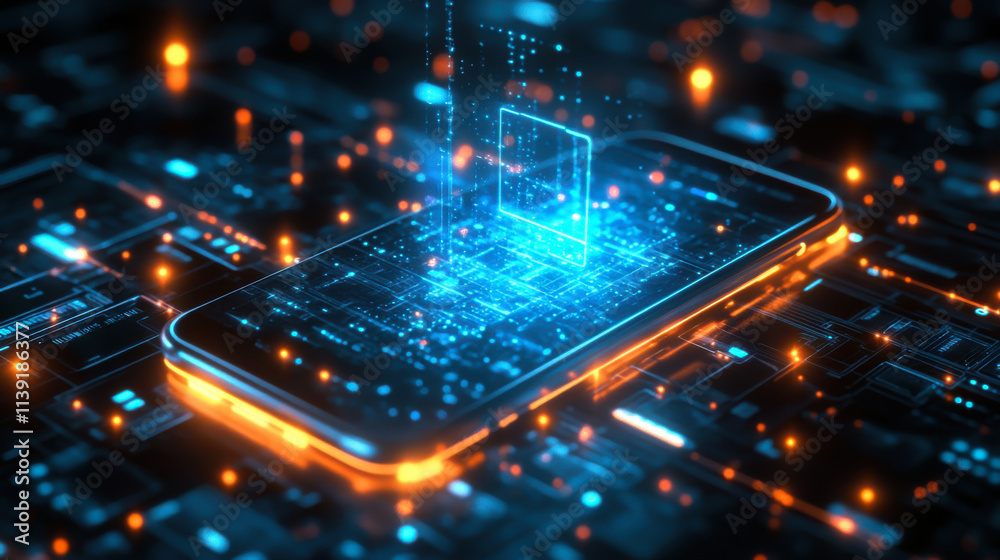 Poster smartphone with a glowing shield hovering above it, showing encrypted messages and secured data