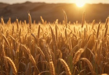 Fototapeta premium Field of golden wheat under warm sunlight with gentle breeze, wheat field in sunlight, harvest ready
