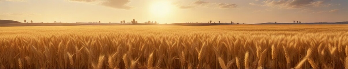 Fototapeta premium Field of wheat in golden light with rows of tall stalks , farm landscape, harvest field