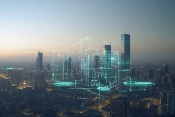 Futuristic City Skyline with Digital Interface Overlay, Showcasing Advanced Technology and Urban Lifestyle at Dusk in a Modern Urban Setting