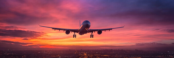 Airplane is flying in colorful sky over city at night. Landscape