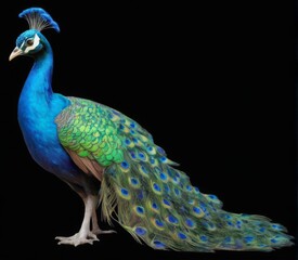 Obraz premium Peacock with Vibrant Feathers on Black Background, Facing Left in Majestic Display Beautiful Colors and Patterns.