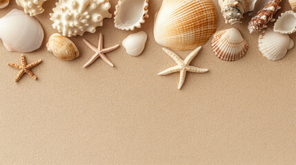 Top view of a sandy beach with collection of exotic seashells and starfish