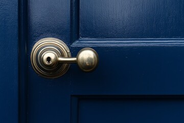 Close-up of antique brass door handle on a navy blue door.