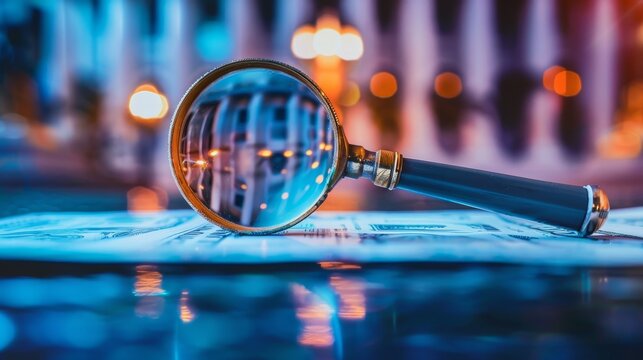 Close-up of magnifying glass examining stack of financial documents, symbolizing bank supervision and regulatory oversight, professional financial audit concept.