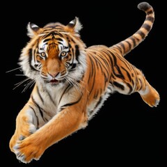 Fototapeta premium Powerful digital illustration of a running tiger, showcasing its beautiful orange fur, black stripes, and intense expression against a black background.