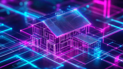 Technological smart house constructed from radiant lines and dots signifying tech and safety convergence