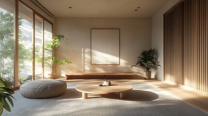 Fototapeta premium Minimalist Japanese-inspired living room with a small indoor pond and stones in the corner 