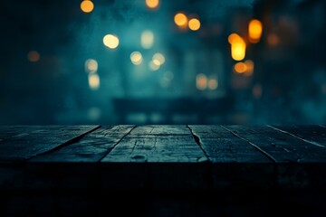 Dark wooden table at night with blurry lights.