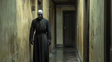 Naklejka premium A terrifying figure in a dark hallway. A horror scene.