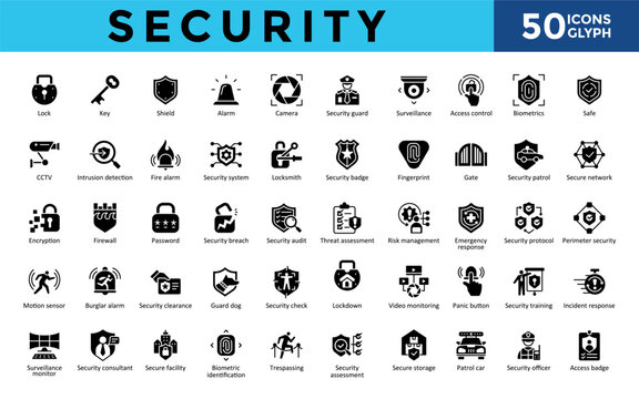 Security icons set with lock, key, shield, alarm, camera, security guard, surveillance, access control, biometrics, safe icon. Simple glyph vector 
