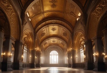 Fototapeta premium Grandiose vaulted ceiling with golden accents and ornate details, architecture, ceiling, grand