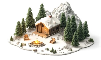 Naklejka premium Snowy log cabin scene with fire pit and mountain backdrop.