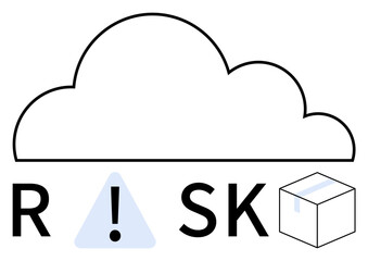 Large cloud icon above the word RISK spelled out with caution symbol for I and package box as K. Ideal for illustrating technology caution, data security, cloud storage, logistics management