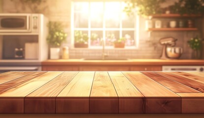 Sunny kitchen with wooden table, ideal for product placement.