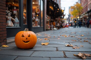 A carved pumpkin sits on a cobblestone street in autumn.