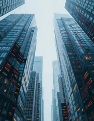 Obraz premium Abstract skyscrapers with stock market tickers overlaying them