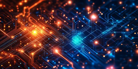Fototapeta premium Abstract glowing circuit board network, digital technology background.