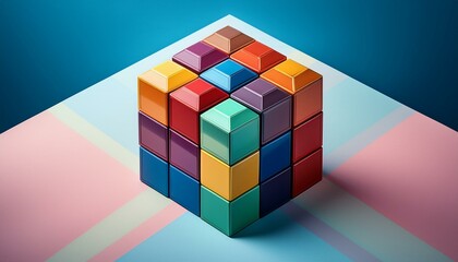 Colorful blocks form a cube on a pastel background.