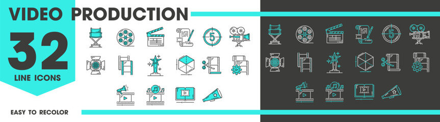 Movie and video production line icons of cinema entertainment media, vector pictograms. Cinematography television and video production icons of film camera, director chair and clapperboard or TV award