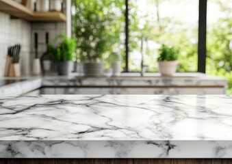 Empty marble kitchen countertop with blurred background.
