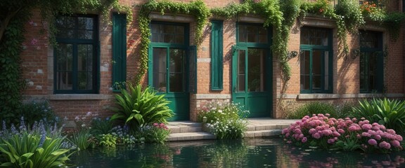 Fototapeta premium Mosaic tile canal house with blooming flowers and lush greenery, landscaping , sunny day