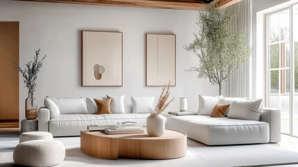 Rustic interior design of modern and nordic living room with grey sofa