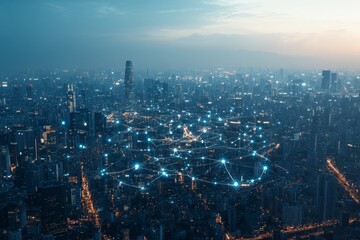 Urban Landscape with Digital Network Connections Over City Skyline Showcasing Modern Technology and Advanced Infrastructure in a Dusk Setting