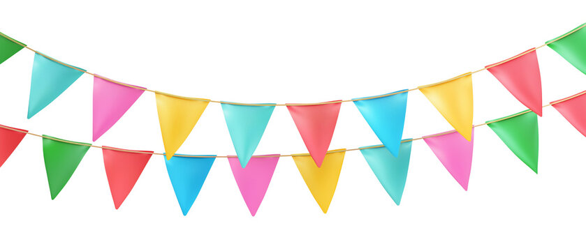 Colorful triangular flags hanging on strings with isolated against transparent background.	