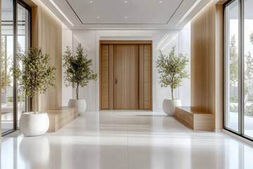 Fototapeta premium entrance hall with door and wooden paneling walls Elegant interior design of modern