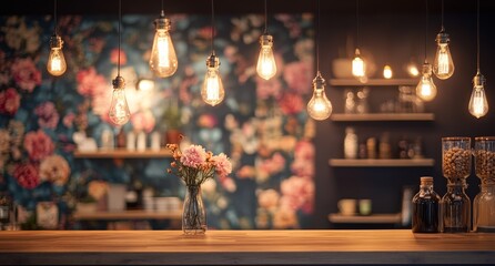 Cozy cafe interior with floral wallpaper, wooden counter, and Edison bulbs.