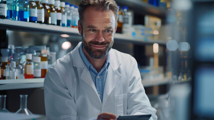 Science, tablet  portrait  male scientist doing research  technology  medical laboratory