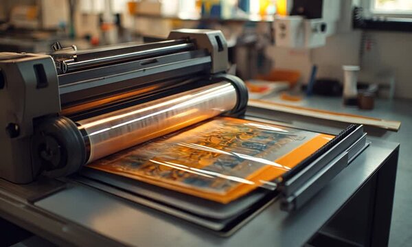 Close-up of a Laminator Machine in Action During a Printing Process