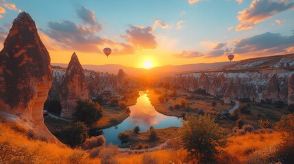 Naklejka premium A stunning sunset over a valley with unique rock formations and hot air balloons.