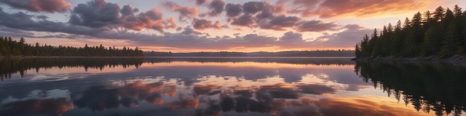 Fototapeta premium Overcast sky and calm water on a serene lake at sunset , lake, lake, Hamburg