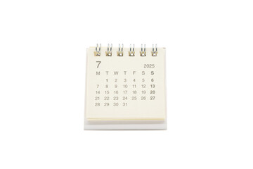 Simple desk calendar for JULY 2025 isolated on white background. Calendar concept with copy space....
