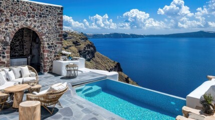 Fototapeta premium A majestic oceanfront cliffside villa with an expansive infinity pool, luxurious terrace seating, and panoramic views of the deep blue sea stretching to the horizon. The stunning setting symbolizes 