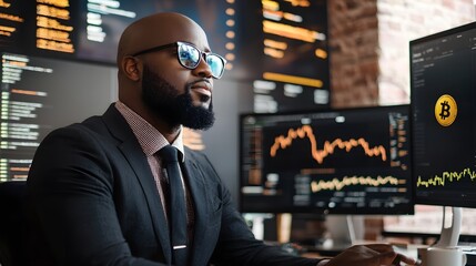 A business professional analyzing cryptocurrency trends on multiple screens in a modern office