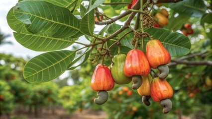 Cashew Apple Seeds Hanging From a Tree Branch in a Vibrant Orchard With Healthy Foliage. Generative AI
