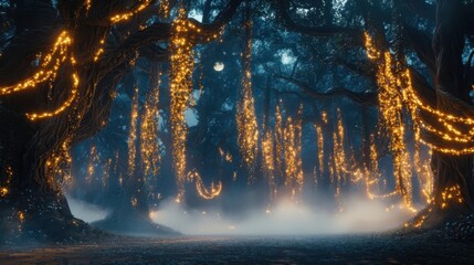 A mystical forest illuminated by soft moonlight, with ancient trees draped in glowing vines and ethereal fog drifting through the enchanted landscape. The magical scene inspires fantasy, wonder, 