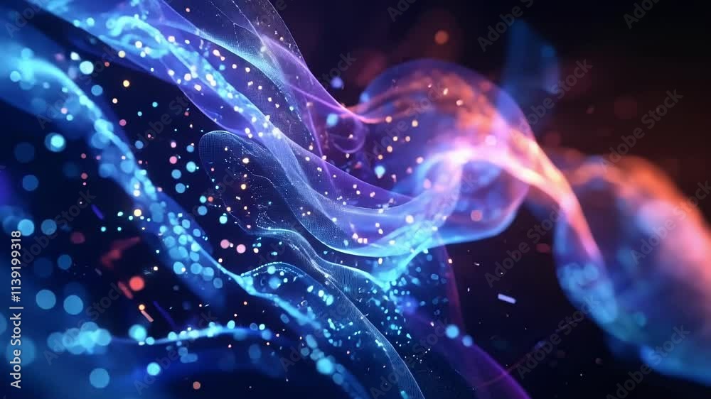 Poster abstract digital wave of glowing particles flowing smoothly in cyberspace, creating a mesmerizing vi