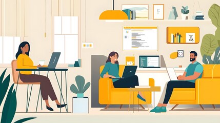 A diverse group of employees participating in a virtual meeting, each working from their home setup