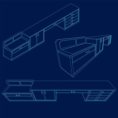 Home interior. Line table sketch. Room decor. Drawn house cupboard. Furnishing outline collection. Vector furniture set