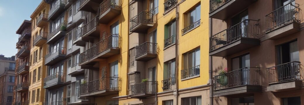 Row of identical apartments with metal balconies , minimalist, functionalism, utilitarian