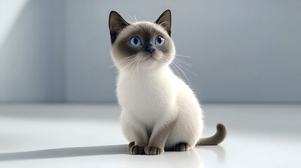 A cute cat with blue eyes is sitting on a white surface